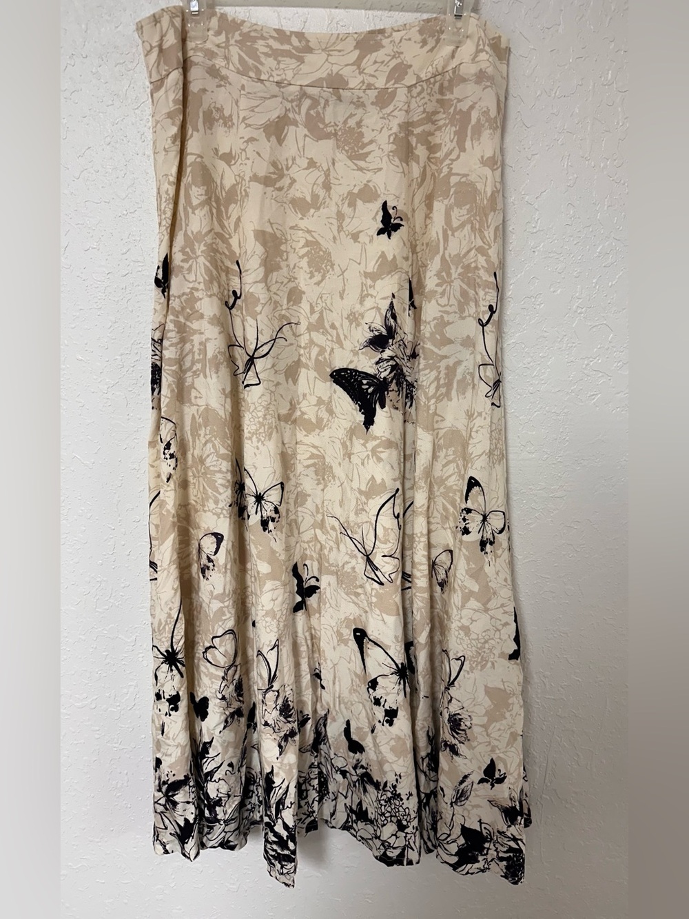 Soft Surroundings Butterfly Floral Print Maxi Skirt Beige Black Size L